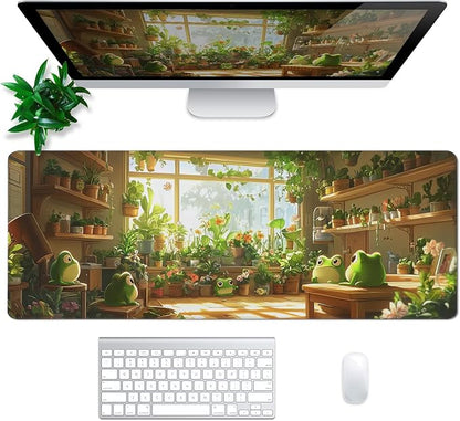 Cute Frogs Green Mouse Pad Abstract Green Mouse Pad 31.5x11.8 Inch Frog Texture Non-Slip Rubber Base Large Mousepad Stitched Edges Keyboard Mouse Mat Desk Pad for Office and Home