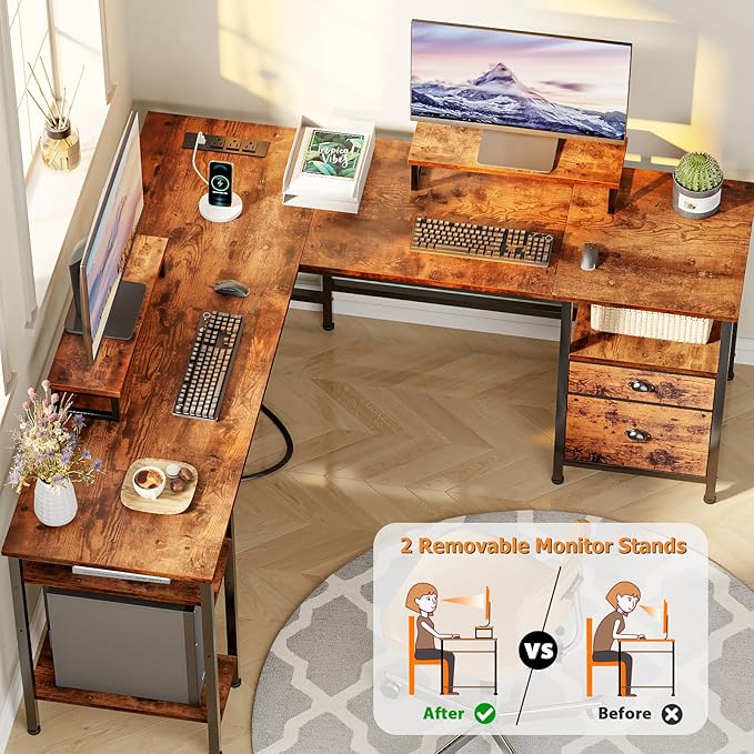Furologee 59” L Shaped Desk with Power Outlet, Reversible Computer Desk with File Drawer & 2 Monitor Stands, Corner Home Office Table with Storage Shelves for Gaming Writing, Rustic Brown