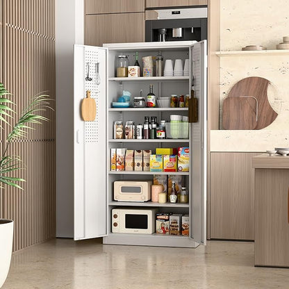 71"H×34"W×18"D Metal Garage Storage Cabinet with Lock and Pegboard, Steel Lockable File Cabinet with 2 Doors and 5 Adjustable Shelves for Office,Home,Garage, Storage, Assembly Required, White
