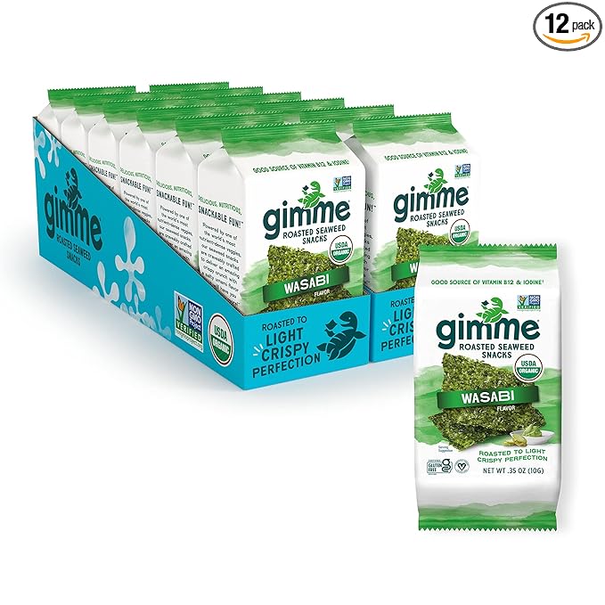 Gimme Seaweed Organic Premium Roasted Seaweed Snacks, Wasabi,12 Count Sharing Size, Keto, Vegan, Gluten-Free, Great Source of Omega3s and Iodine, Healthy On-The-Go Snack for Kids and Adults