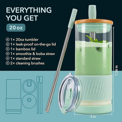 Pandaloo® Glass Cups With Lids and Straws -20 Fl Oz- Perfect Size Iced Coffee Cup - Smoothie Cup With Bamboo Lid and On the go Lid (Sweet Sage, 1 Count (Pack of 1)