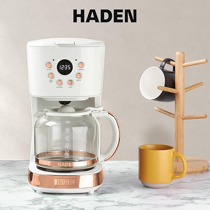 Haden Coffee Machine, 12 Cup Programmable Drip Coffee Maker with Auto Shut-Off Function and Reusable Washable Water Filter, Ivory & Copper