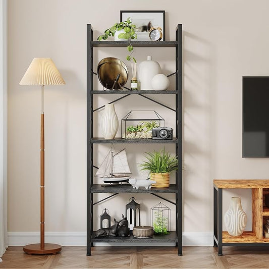 5 Tier Bookshelf, Industrial Tall Bookcase, Modern Display Shelves with Metal Frame and Sidebars for Bedroom, Living Room and Home Office, Black