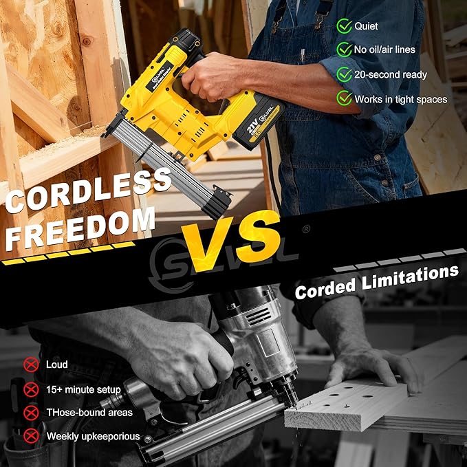 SILVEL 21V Cordless Nail Gun, 2-in-1 Electric Brad Nailer Stapler Gun with 2 * 5.0Ah Battery Powered, 1000pcs Nails, 18GA Staples,for Woodworking, Home Improvement,Carpentry, DIY Project Yellow
