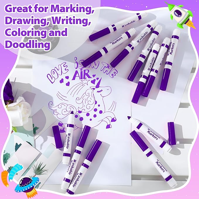 Janlaugh 24 Pcs Washable Markers Bulk Broad Line Markers Coloring Conical Tip Large pens for Kids art projects, Teachers, Students, Toddlers, Party Favors, Classrooms, Donations(Purple)