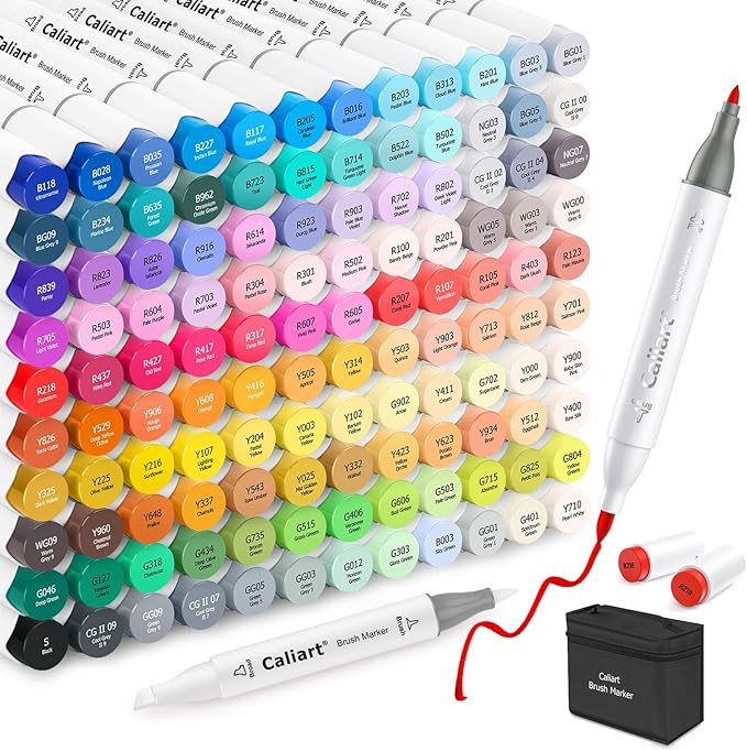 Caliart Alcohol Markers Brush Tip, 121 Colors Dual Tip Coloring Marker Pen Set Brush & Fine, Art Supplies Kit Gift for Adults Coloring Book Artists Sketch Drawing Illustration