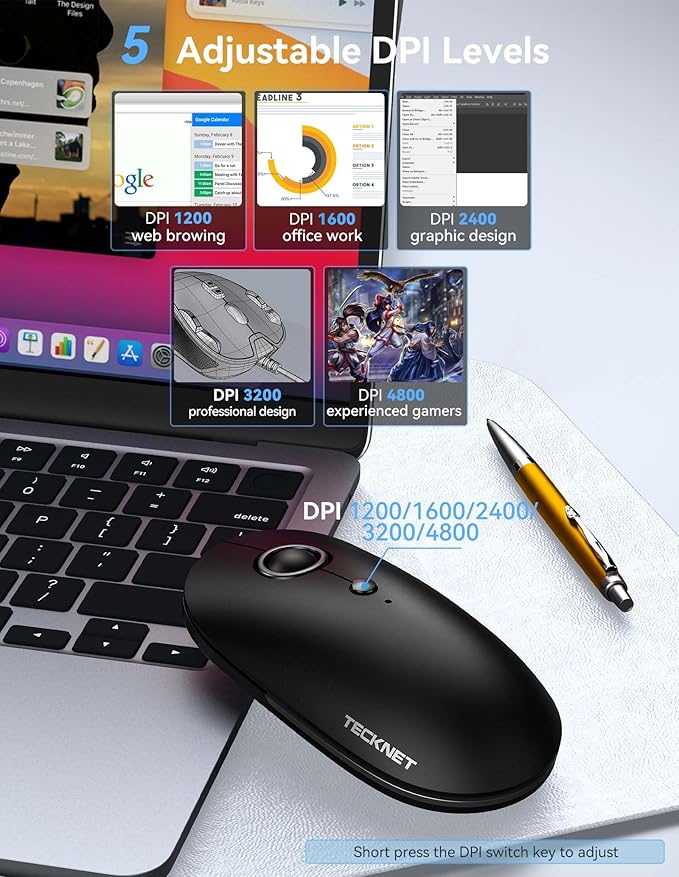 TECKNET Wireless Mouse, 2.4G USB Quiet Click Mouse - Ambidextrous, 4800 DPI, Slim Portable for Travel, PC/Laptop Compatible - Black