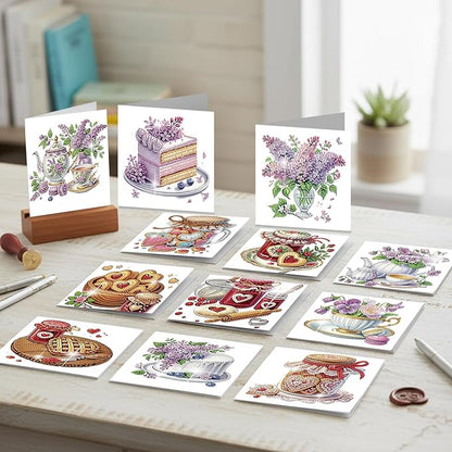 jinglinhh 12pcs Valentine's Day Diamond Art Painting Love Heart Cookies Cakes Afternoon Tea Flowers Greeting Cards with Envelopes, DIY Card Making Kits for Adults, Diamond Art Birthday Holiday Cards Craft Gifts