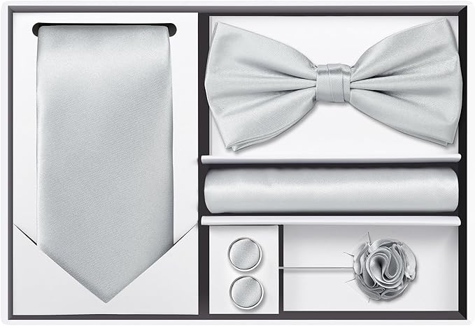 TIE G 5pcs Tie Set in WHITE OR BLACK GIFT BOX: Solid Color Necktie, Satin Bow Tie, Pocket Square, Lapel, Cuff Links