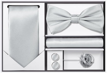 TIE G 5pcs Tie Set in WHITE OR BLACK GIFT BOX: Solid Color Necktie, Satin Bow Tie, Pocket Square, Lapel, Cuff Links