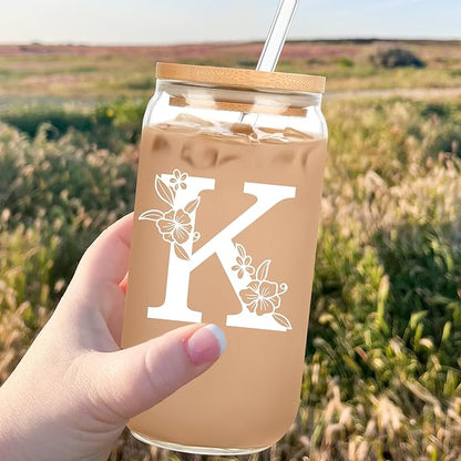 Personalized Tumbler, Monogrammed Can Glass Cups with Bamboo Lids and Straws, Customized Gifts for Women, Cute Design Initial Iced Coffee glasses, Custom Letter Mug, Birthday Bridesmaid, P