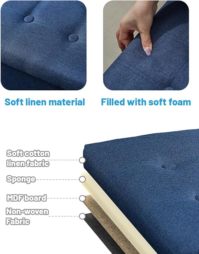 Storage Ottoman Foot Rest, Folding Linen Cotton Ottoman with Storage with Side Pockets and Handle, Foot Stool for Lounge, Study Corner, Home Office, 17x17x13 Inches, Dark Blue