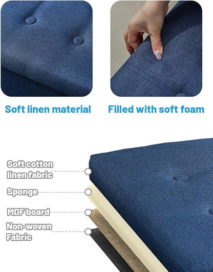 Storage Ottoman Foot Rest, Folding Linen Cotton Ottoman with Storage with Side Pockets and Handle, Foot Stool for Lounge, Study Corner, Home Office, 17x17x13 Inches, Dark Blue