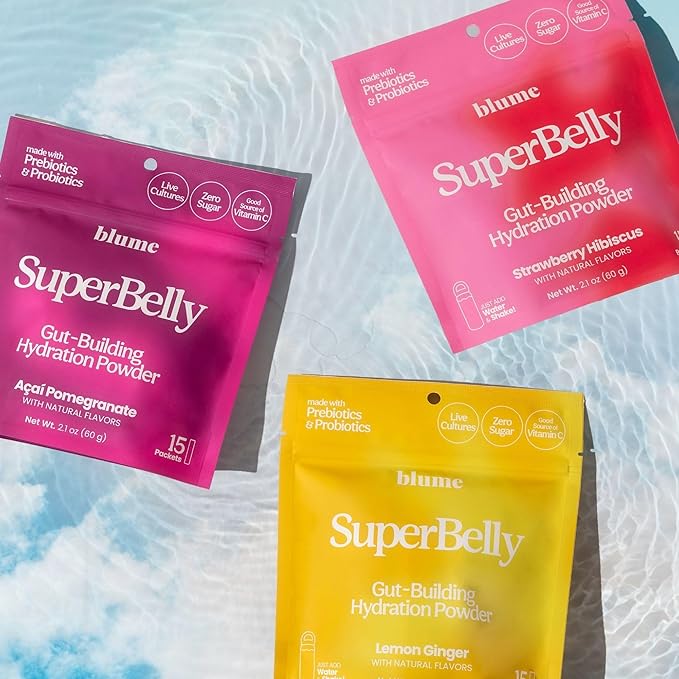 Blume SuperBelly Gut Health and On-The-Go Hydration Packets, GLP-1 Friendly, Sugar-Free, with Prebiotics, Probiotics, Apple Cider Vinegar, Vitamin C, and Electrolytes, Strawberry Hibiscus, 15 Sticks