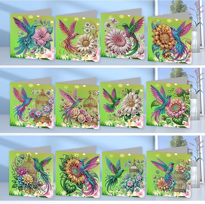 jinglinhh 12pcs Hummingbird Sunflower Diamond Art Painting Greeting Cards with Envelopes, DIY Card Making Kits for Adults, Diamond Art Christmas Cards for Birthday Holiday Postcards Craft Gifts