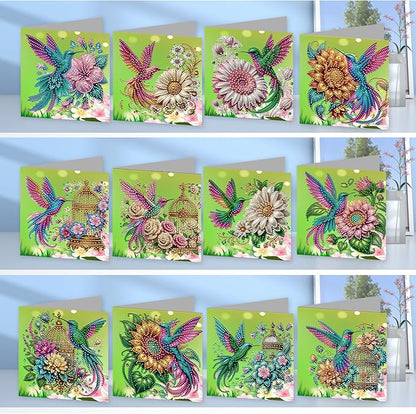 jinglinhh 12pcs Hummingbird Sunflower Diamond Art Painting Greeting Cards with Envelopes, DIY Card Making Kits for Adults, Diamond Art Christmas Cards for Birthday Holiday Postcards Craft Gifts