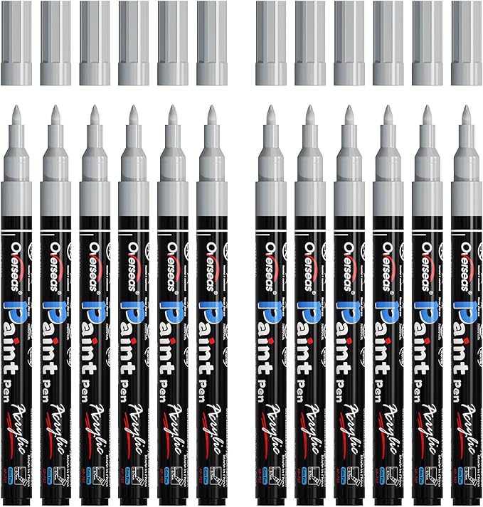 Overseas Paint Markers Pens - Silver Permanent Markers Acrylic Paint Pens 12 Pack, Water Based, Waterproof, 0.7mm Extra Fine Tip Acrylic Marker for Wood, Metal, Rock, Plastic, Glass, Canvas, Fabric