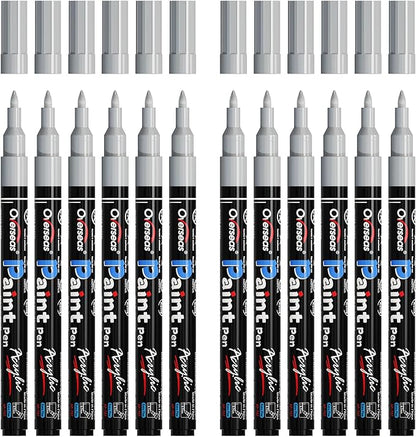 Overseas Paint Markers Pens - Silver Permanent Markers Acrylic Paint Pens 12 Pack, Water Based, Waterproof, 0.7mm Extra Fine Tip Acrylic Marker for Wood, Metal, Rock, Plastic, Glass, Canvas, Fabric