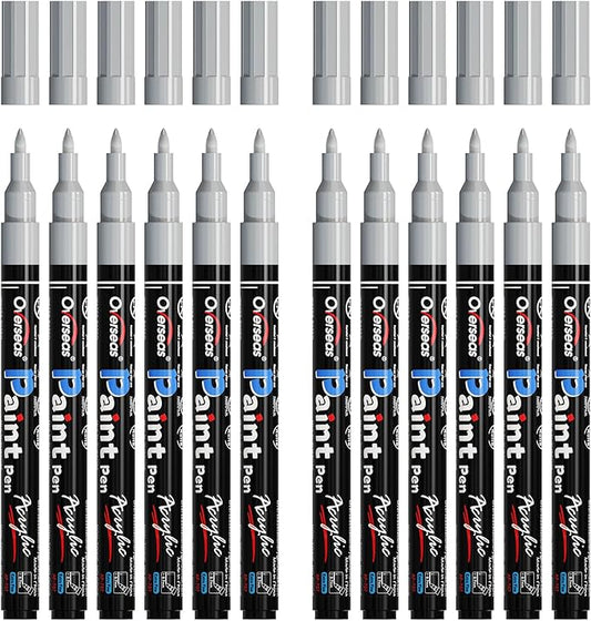 Overseas Paint Markers Pens - Silver Permanent Markers Acrylic Paint Pens 12 Pack, Water Based, Waterproof, 0.7mm Extra Fine Tip Acrylic Marker for Wood, Metal, Rock, Plastic, Glass, Canvas, Fabric