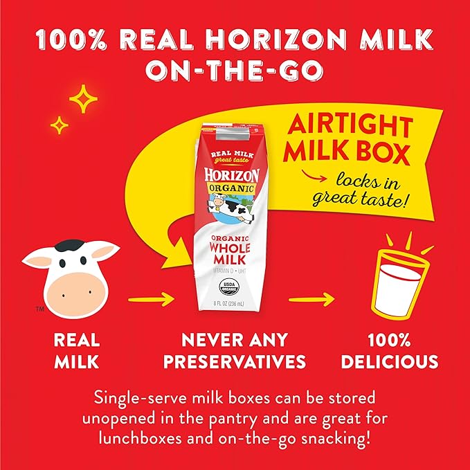 Horizon Organic Shelf Stable Whole Milk Boxes, 8 fl oz, 12 Count - 8g Protein per Serving, USDA Organic UHT from Pasture-Raised Cows, Ready to Drink for Lunchbox, Travel, or On-the-Go, No Refrigeration Needed