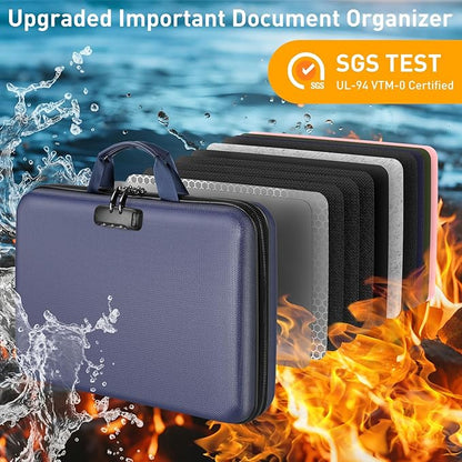 Fireproof Document Organizer with Lock, File Organizer Safe Box Fireproof Waterproof, Hard Shell Fire Proof Document Bag with 13 Pocket Accordion File Folders, Home Storage Office Organization