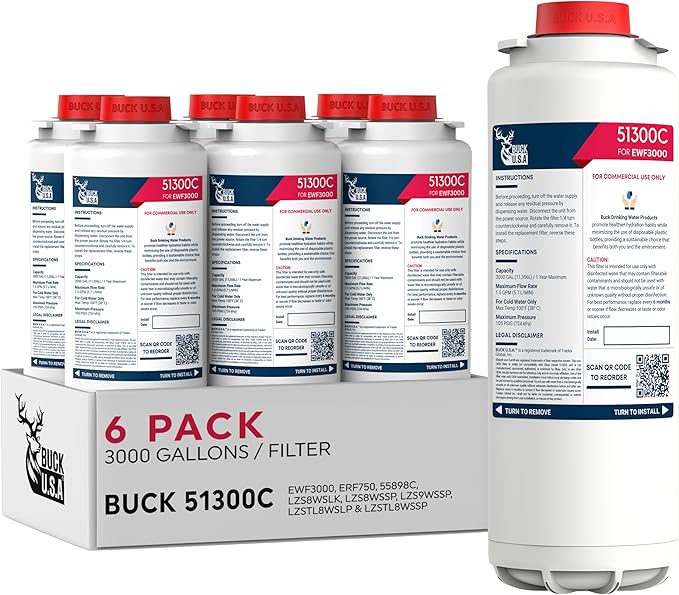 6 Pack Buck 51300C Replacement Filter for EWF3000 – Compatible with Elkay ezH2O Bottle Filling Stations, 3000 Gallons, 12 Months, No Chip, High-Performance Filtration, Easy Install, Fast Flow