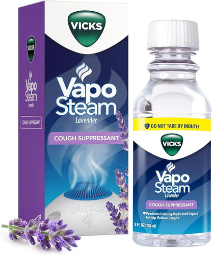 Vicks VapoSteam Lavender, Medicated Liquid Camphor Cough Suppressant, Helps with Cough Relief, Relaxation, and Comfortable Sleep, Compatible with Vicks Humidifiers & Vaporizers, 8 Oz