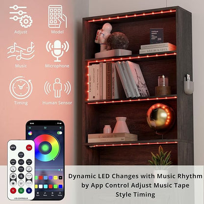 IRONCK Tall Bookcase with LED Lights, 70 in Industrial Bookshelves and Bookcases with Doors, 6 Shelf Display Storage Shelves Floor Standing for Home Office, Living Room, Bedroom