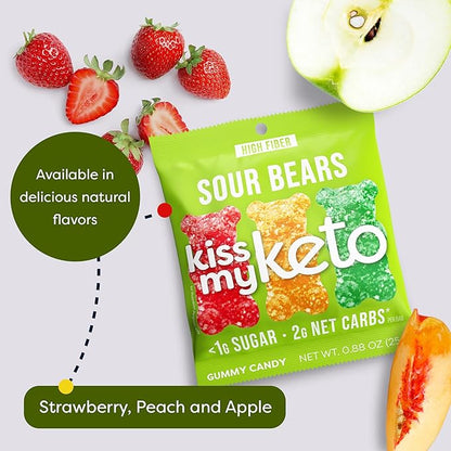 Kiss My Keto Sour Sugar Free Gummy Bears, 32-Pack – Satisfy Cravings while Staying in Ketosis – High Fiber, 6g Net Carbs, Non-GMO, Vegan, & No Gluten – Fruity Sugar Free Gummies