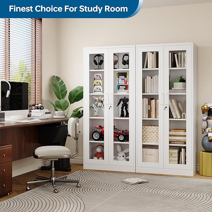 Display Storage Cabinet with Glass Door, 71 Inches Metal Curio Cabinet with 4 Adjustable Shelves, Locking Glass Display Case for Home, Office, Clinic, Pantry, Assemble Required (White)