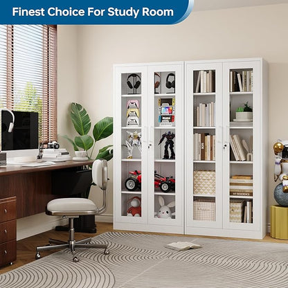Display Storage Cabinet with Glass Door, 71 Inches Metal Curio Cabinet with 4 Adjustable Shelves, Locking Glass Display Case for Home, Office, Clinic, Pantry, Assemble Required (White)
