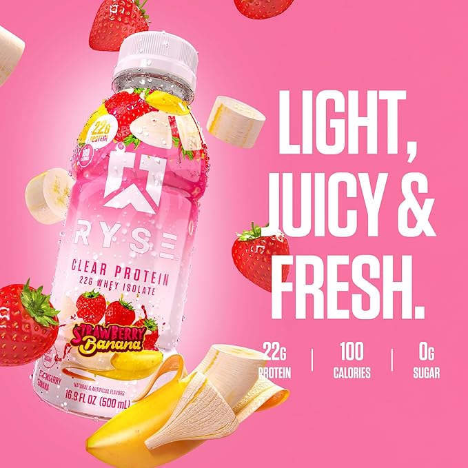 RYSE Clear Protein Drink - Strawberry Banana - 100 Calories, 22g Whey Isolate Protein Shake, Sugar-Free, 0g Fat & Lactose-Free - Refreshing Ready-to-Drink Beverage - 16.9 fl oz Bottles (12-Pack)