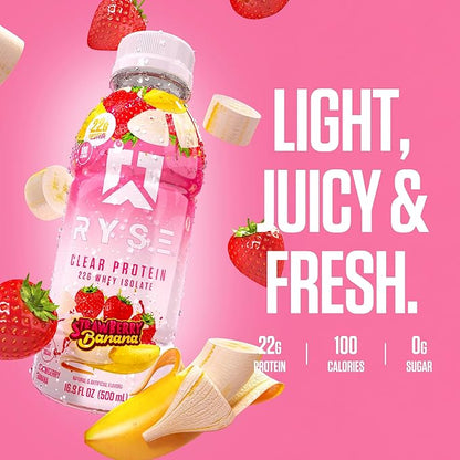 RYSE Clear Protein Drink - Strawberry Banana - 100 Calories, 22g Whey Isolate Protein Shake, Sugar-Free, 0g Fat & Lactose-Free - Refreshing Ready-to-Drink Beverage - 16.9 fl oz Bottles (12-Pack)