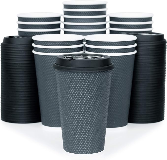 To Go Coffee Cups With Lids - 16 oz Disposable Coffee Cup With Lid (60 Set). Large Togo Travel Paper Hot Cups Insulated For Hot, Cold Beverage Drinks, No Sleeves Needed (Dusk Grey)
