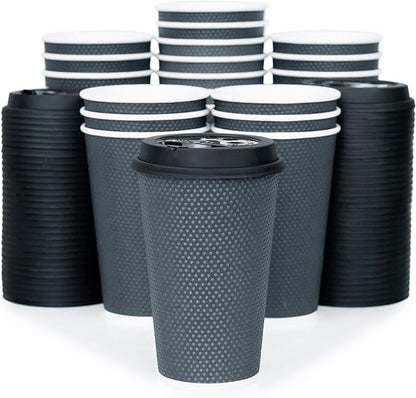 To Go Coffee Cups With Lids - 16 oz Disposable Coffee Cup With Lid (60 Set). Large Togo Travel Paper Hot Cups Insulated For Hot, Cold Beverage Drinks, No Sleeves Needed (Dusk Grey)