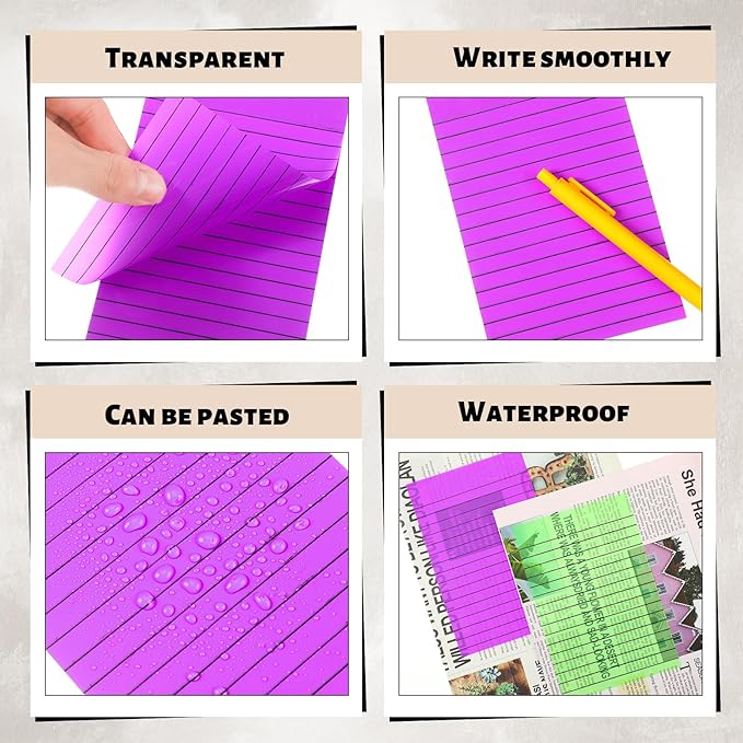 Yinder 6 Pack 180 Sheets Pastel Transparent Sticky Notes Translucent Clear Lined Self Sticky Note, Back to School Gifts for Bible Tabs, Book Tabs, School Supplies, Office, 4 x 6 Inch(Bright Color)