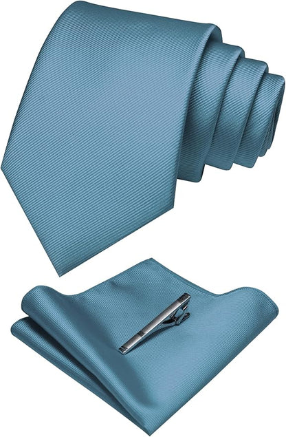 JEMYGINS Solid Color Formal Necktie and Pocket Square Tie Clip Sets for Men