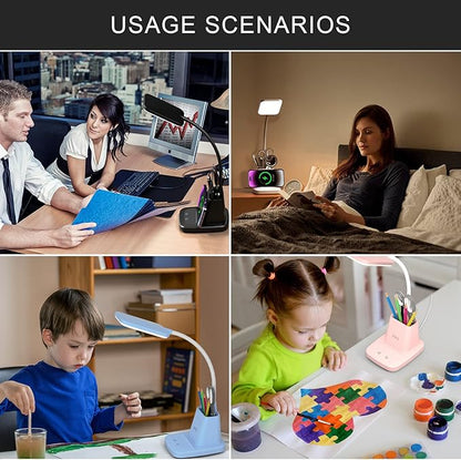 Desk Lamp with Wireless Charger - LED Desk Lamps for Home Office with Pen Holder, 800LM, 3 Color Modes, Flexible Arm, Eye-Caring White Table Lamps for Home College Dorm Room Christmas Gifts