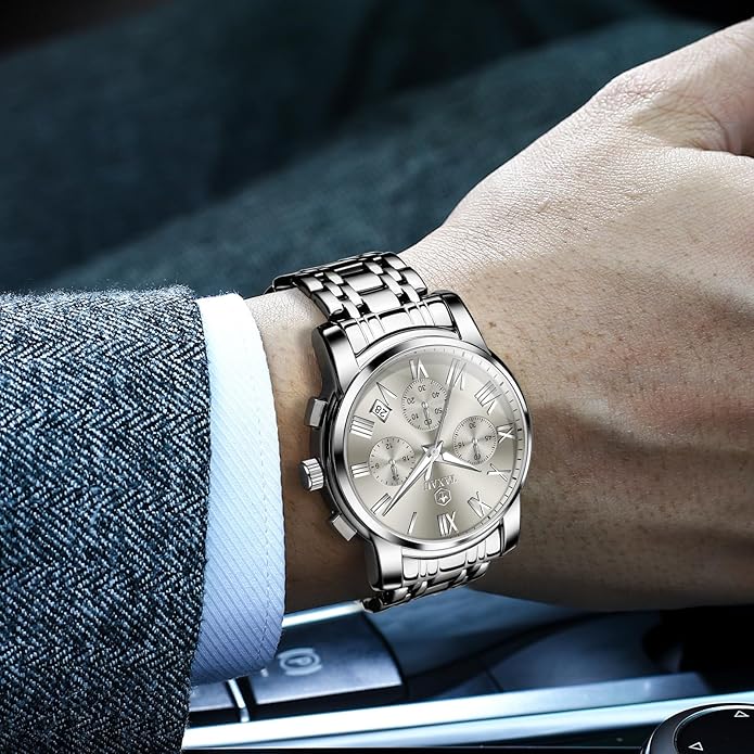 Mens Silver Watch Luxury Minimalist Dress Watch Classic Waterproof Watches for Men Analog Quartz Stainless Steel Men's Wrist Watches with Date Luminous Relojes para Hombres