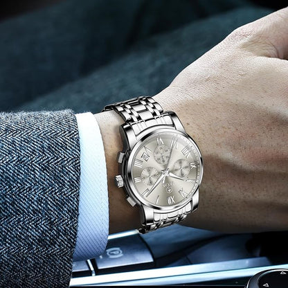 Mens Silver Watch Luxury Minimalist Dress Watch Classic Waterproof Watches for Men Analog Quartz Stainless Steel Men's Wrist Watches with Date Luminous Relojes para Hombres