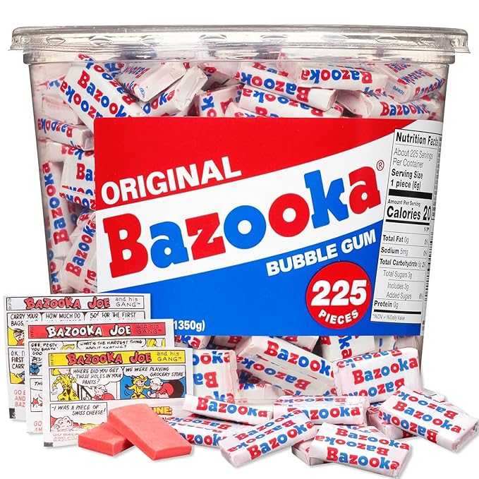 Bazooka Bubble Gum Bulk, Christmas Candy Bulk, 225 Count Tub of Chewing Gum Individually Wrapped, Old Fashioned 90's Candy for Stocking Stuffers, Baseball, Party Favors, Goodie Bags