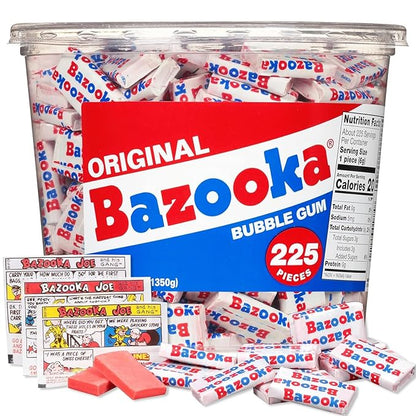 Bazooka Bubble Gum Bulk, Christmas Candy Bulk, 225 Count Tub of Chewing Gum Individually Wrapped, Old Fashioned 90's Candy for Stocking Stuffers, Baseball, Party Favors, Goodie Bags