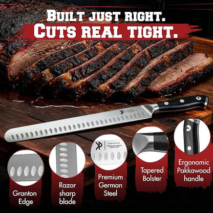 Kitchen perfection 12” Brisket Knife for Carving & Slicing Meat - Ultra Sharp Premium German Steel Granton Edge with Sheath, Full Tang Ergonomic Handle.For BBQ, Turkey & Ribs- Grilling Gifts for Men
