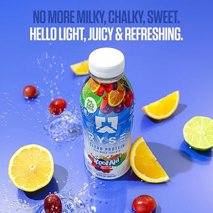 RYSE Clear Protein Drink - Kool-Aid Tropical Punch - 100 Calories, 22g Whey Isolate Protein Shake, Sugar-Free, 0g Fat & Lactose-Free - Refreshing Ready-to-Drink Beverage - 16.9 fl oz Bottles (12-Pack)