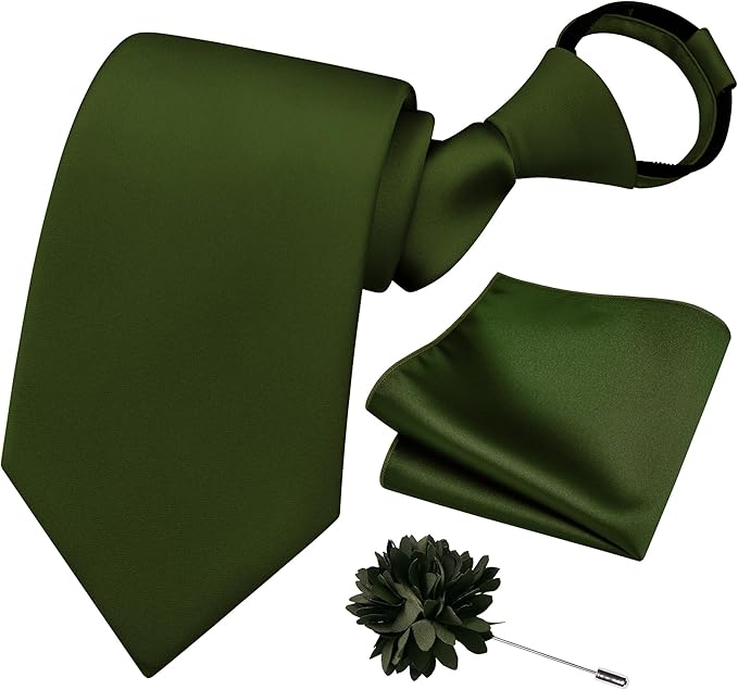 Branduce 3.15"（8cm） Pre-tied Adjustable Zipper Tie and Lapel Pin Solid Necktie Handkerchief Set for Men
