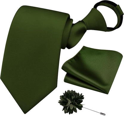 Branduce 3.15"（8cm） Pre-tied Adjustable Zipper Tie and Lapel Pin Solid Necktie Handkerchief Set for Men