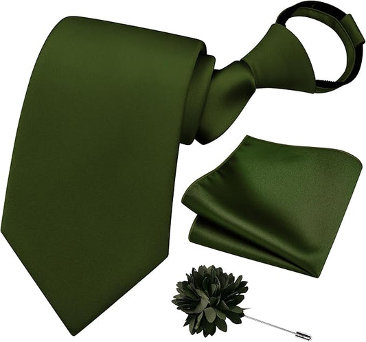 Branduce 3.15"（8cm） Pre-tied Adjustable Zipper Tie and Lapel Pin Solid Necktie Handkerchief Set for Men