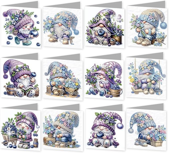jinglinhh 12pcs Diamond Art Painting Lavender Blueberry Gnome Greeting Cards with Envelopes, DIY Card Making Kits for Adults, Diamond Art Postcards Christmas Cards Craft Gifts