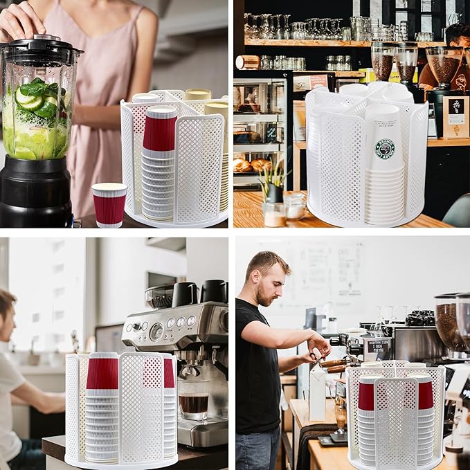 Cup and Lid Organizer Rotatable Coffee Cup Dispenser fit 5-16oz Cups Organizer, Paper Cup Storage Holder with 4 Compartment, Plastic Cup Rack for Countertop, Coffee Shop, Bar, Office White
