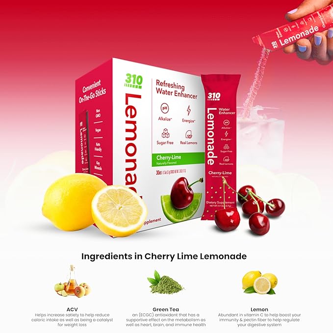 310 Nutrition Electrolyte Lemonade Powder No Sugar - Cherry Lime Water Flavoring Packets - Hydration & Energy Drink Mix - Low Calorie Water Enhancer - 30 Singles - Made in The USA